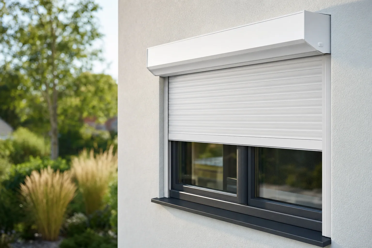 Modernes Fenster mit außen liegendem, halb geschlossenem Rollladen an einer Hausfassade.
