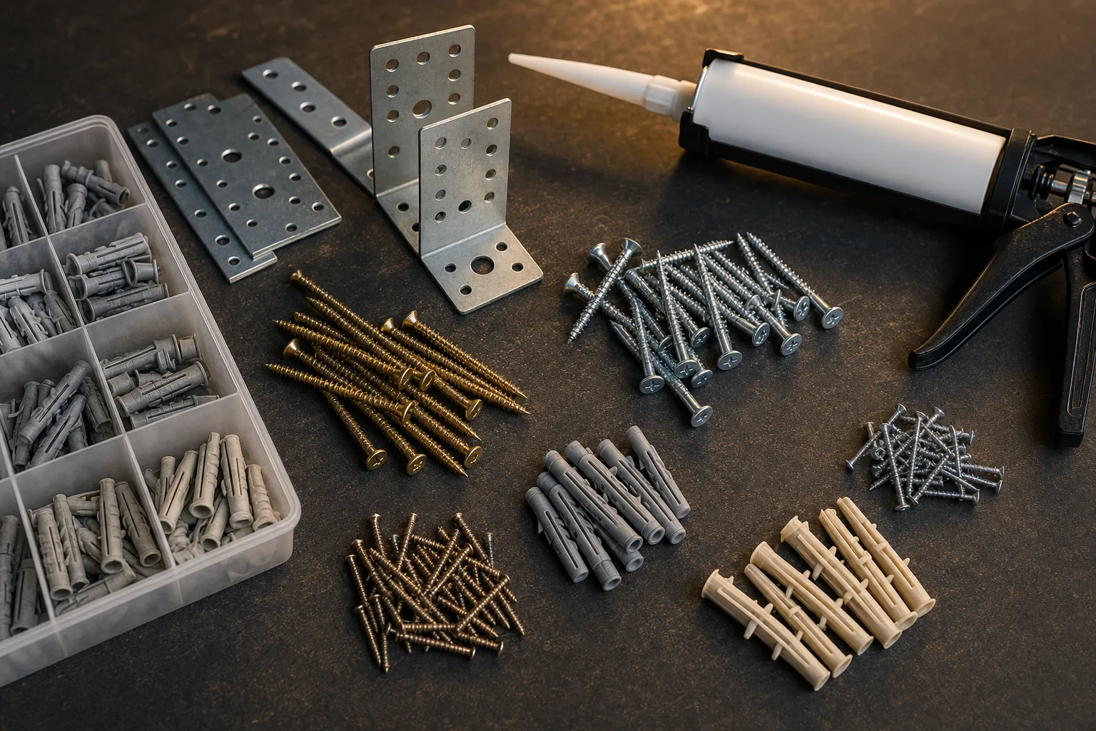 Flatlay mit sortierten Holzschrauben, Dübeln, Winkelverbindern und einer Montagekleber-Kartusche auf einer Werkbank.