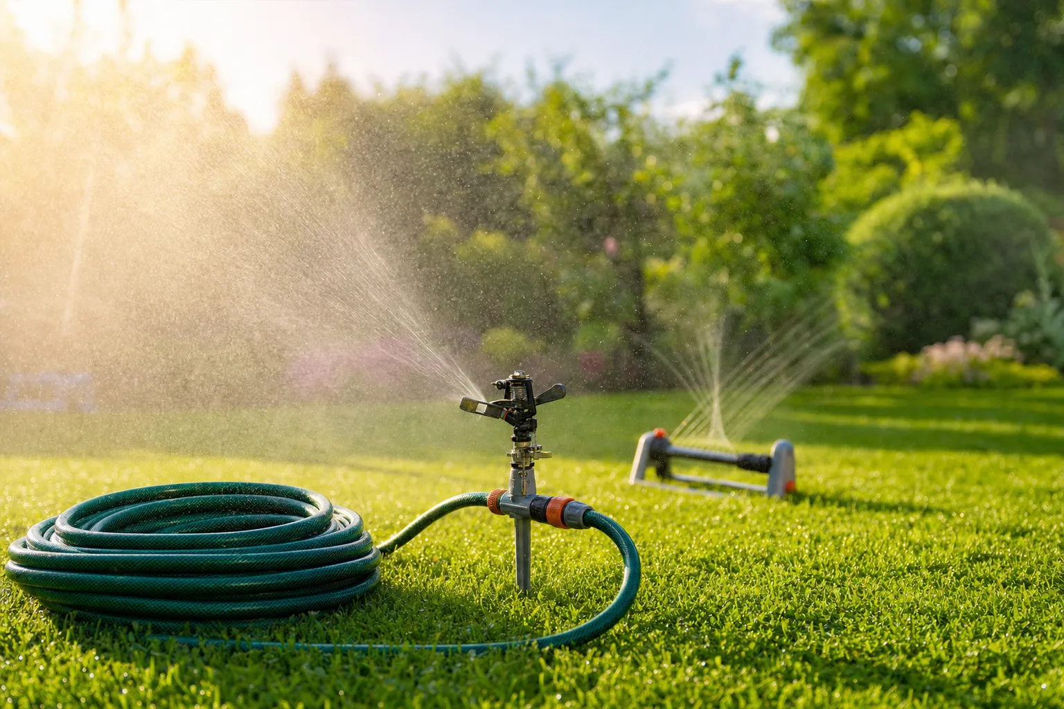 Gartenbewässerungstechnik mit Gartenschlauch, Impulsregner und Rasensprenger auf einer bewässerten Rasenfläche.
