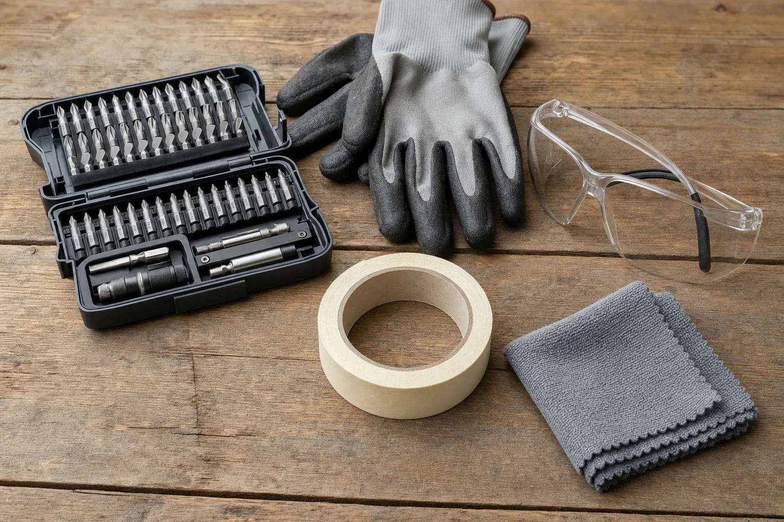 Flatlay mit Bits, Arbeitshandschuhen, Schutzbrille, Krepp-Klebeband und Reinigungstuch als Baustellen-Zubehör.