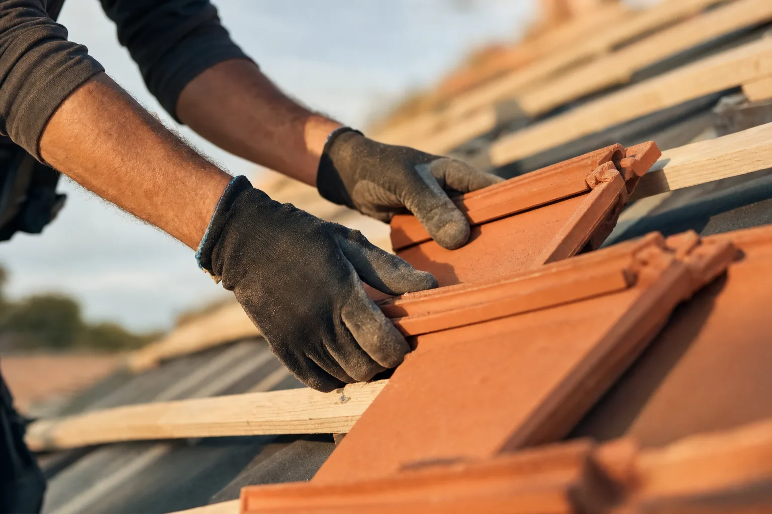 Handwerker-Hände verlegen einen Tonziegel auf einem Steildach.