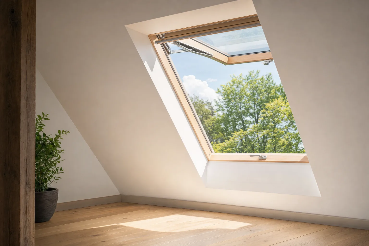 Neu eingebautes Dachfenster mit Blick auf blauen Himmel und Baumkronen.