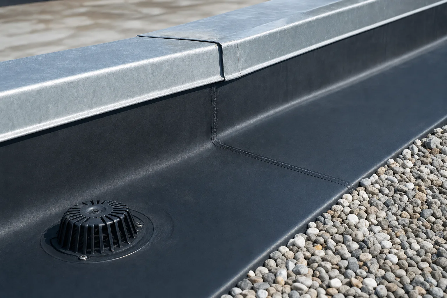 Flachdachabdichtung aus EPDM-Kunststoffbahn mit sauber verschweißter Naht und verzinkter Attikaprofil-Abdeckung.