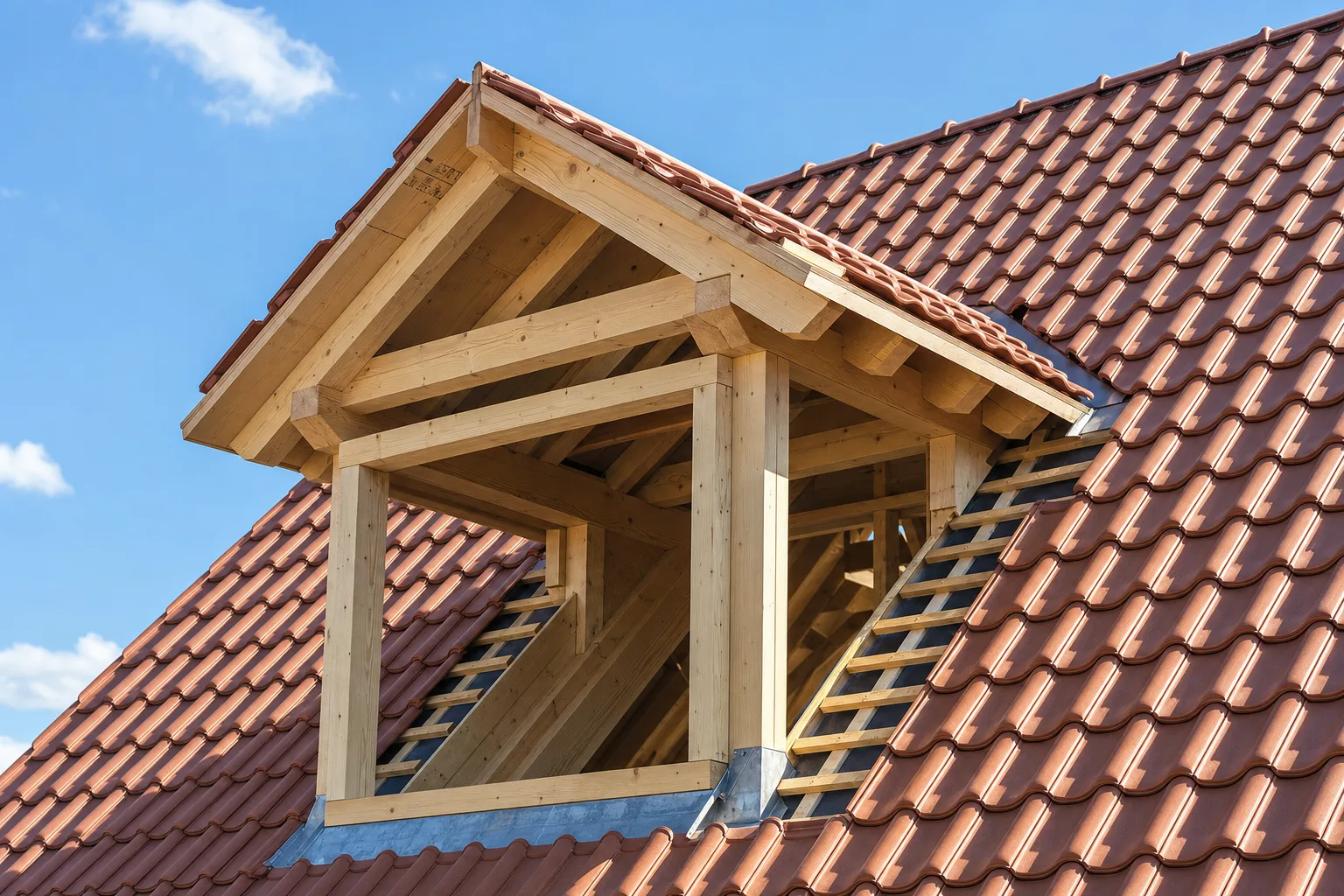 Neu errichtete Schleppgaube in Holzkonstruktion auf einem Steildach im Rohbau.