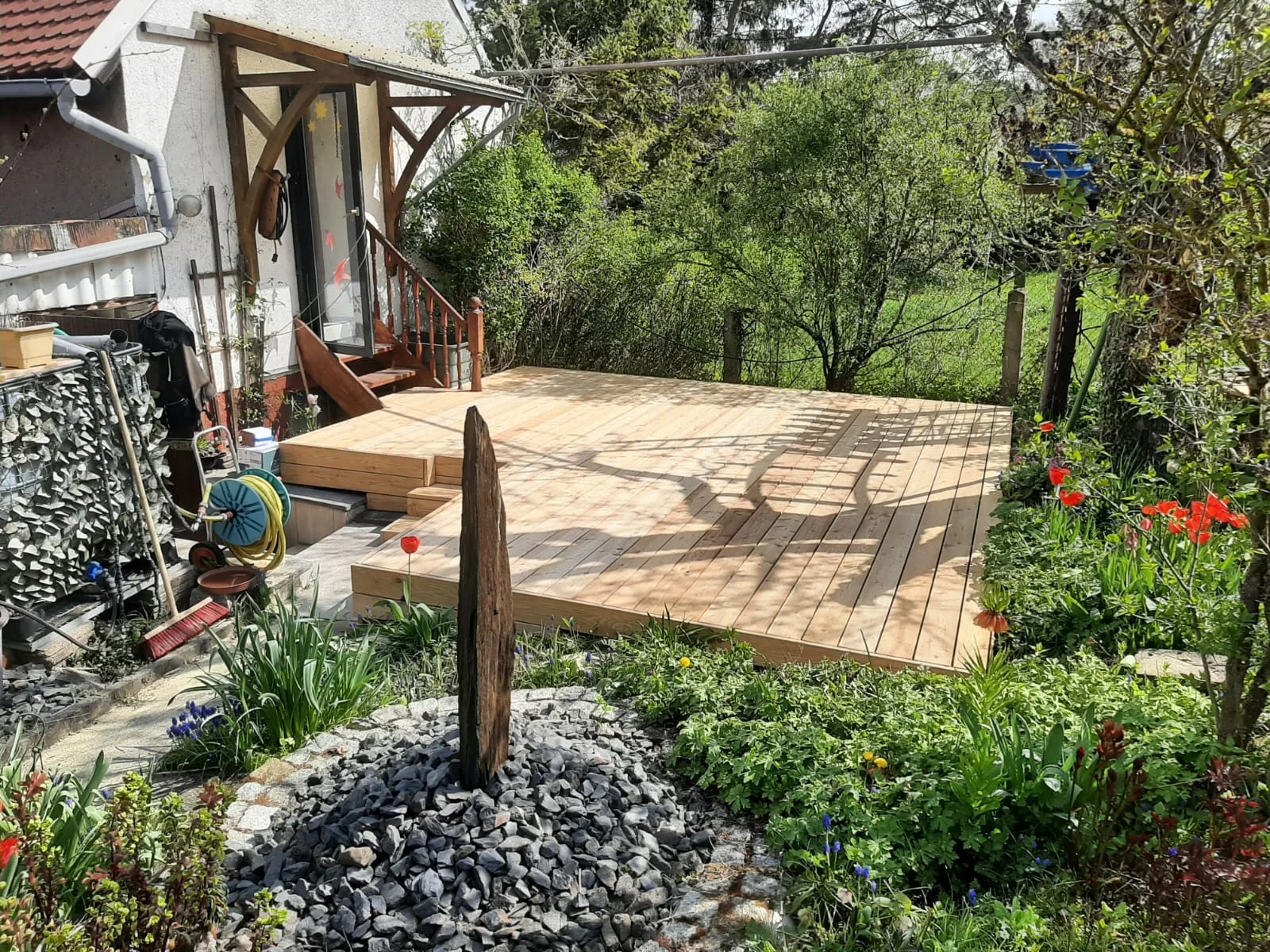Frisch verlegte Holzterrasse aus hellen Lärchendielen vor einem Wohnhaus, umrahmt von Beeten.