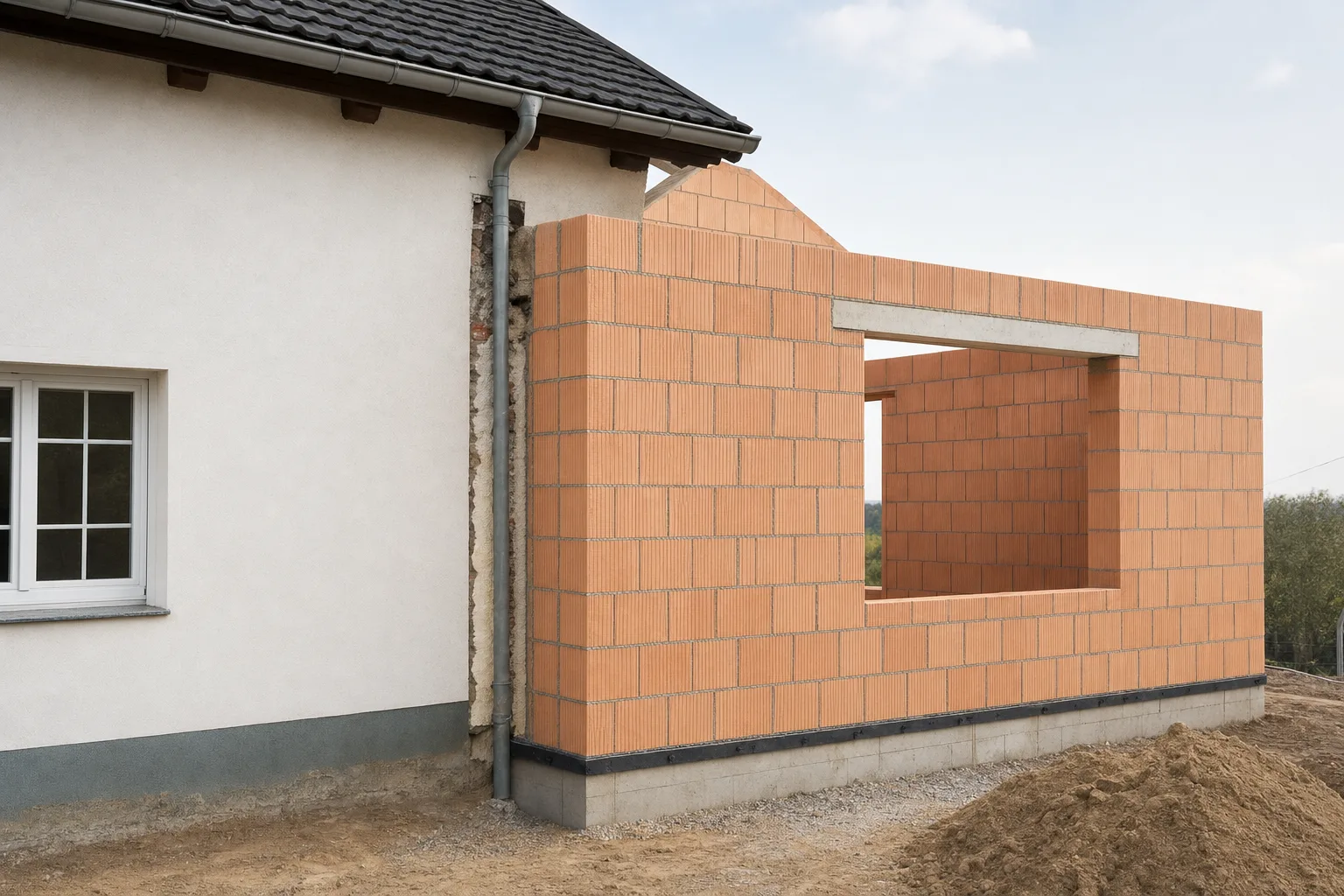 Anbau im Rohbau: neu gemauerte Ziegelwand mit Übergang zum verputzten Bestandsbau.