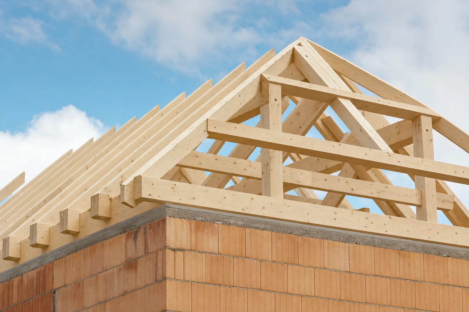 Frisch aufgestellter Holz-Dachstuhl auf einem Rohbau als Symbolbild für den Fachbereich Holzbau und Zimmerei.