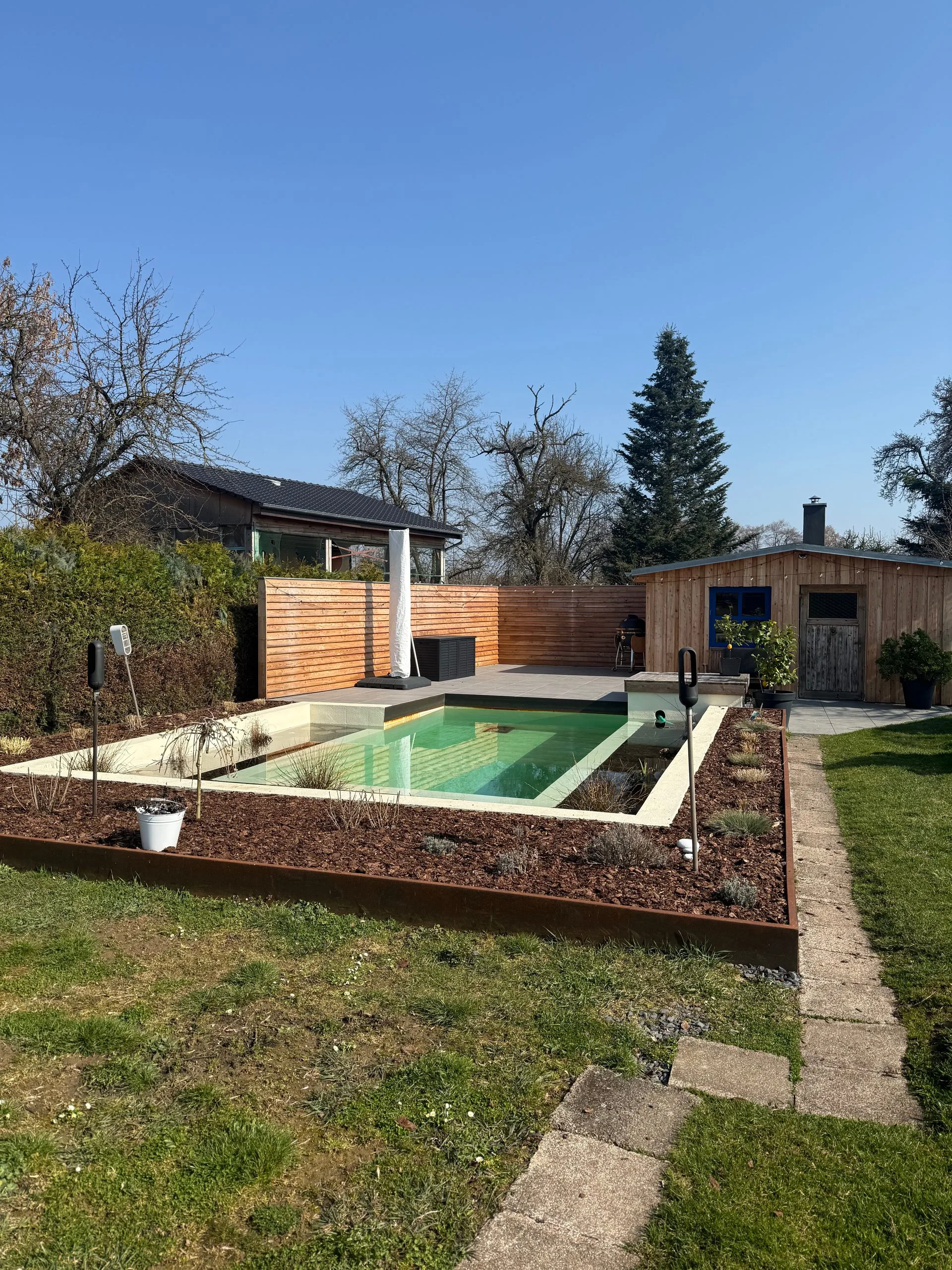 Angelegter Naturpool im Garten mit heller Holzsichtschutzwand und Lärchenverkleidung am Gartenhaus.