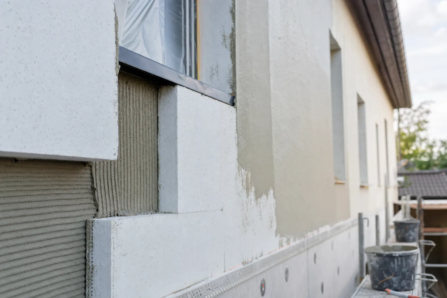 Außenwanddämmung am Altbau: WDVS-Dämmplatten teilweise verspachtelt an einer Bestandsfassade.