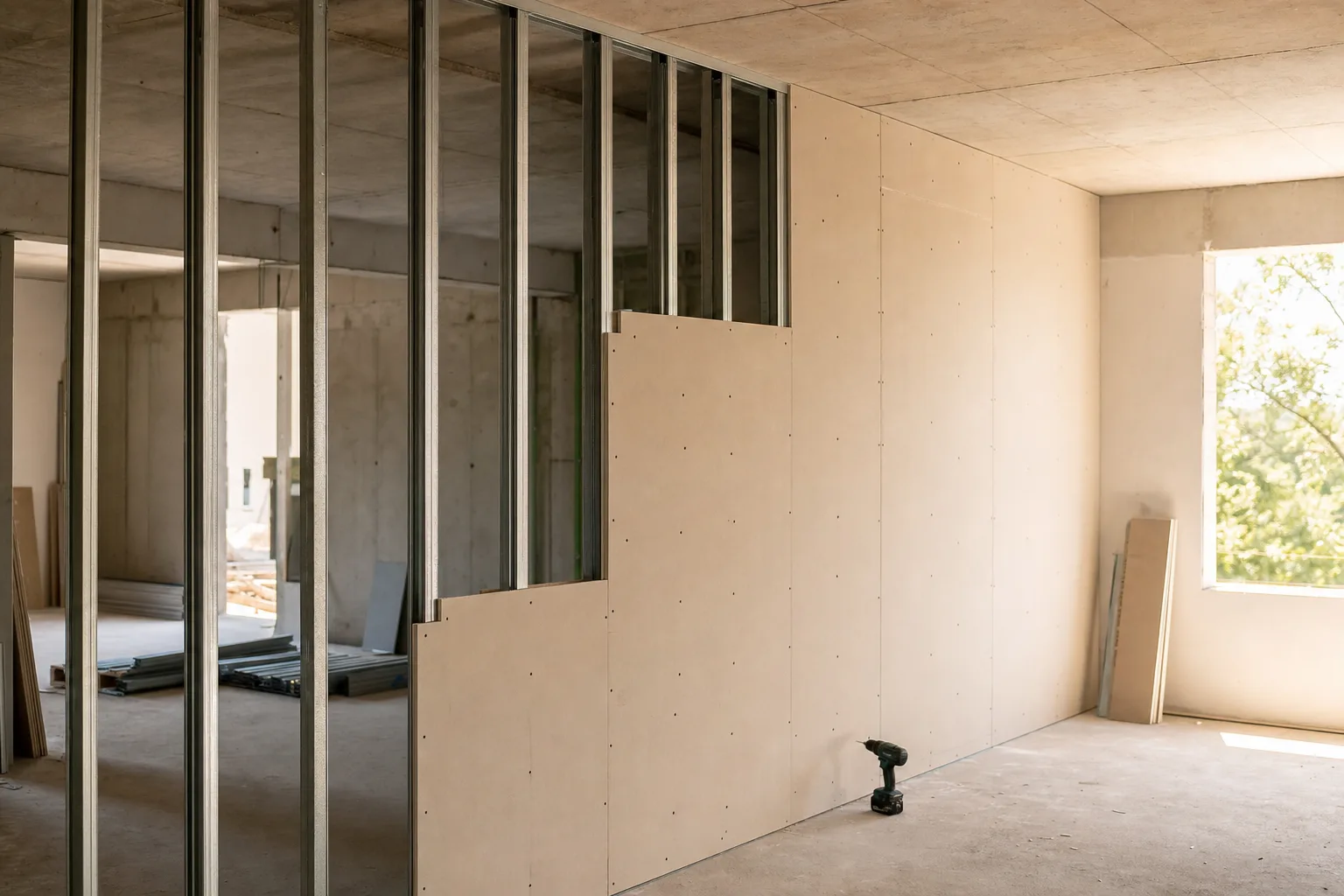 Innenausbau-Baustelle mit CW-Metallständerwand und teilweise beplankten Gipskartonplatten im Rohbau.