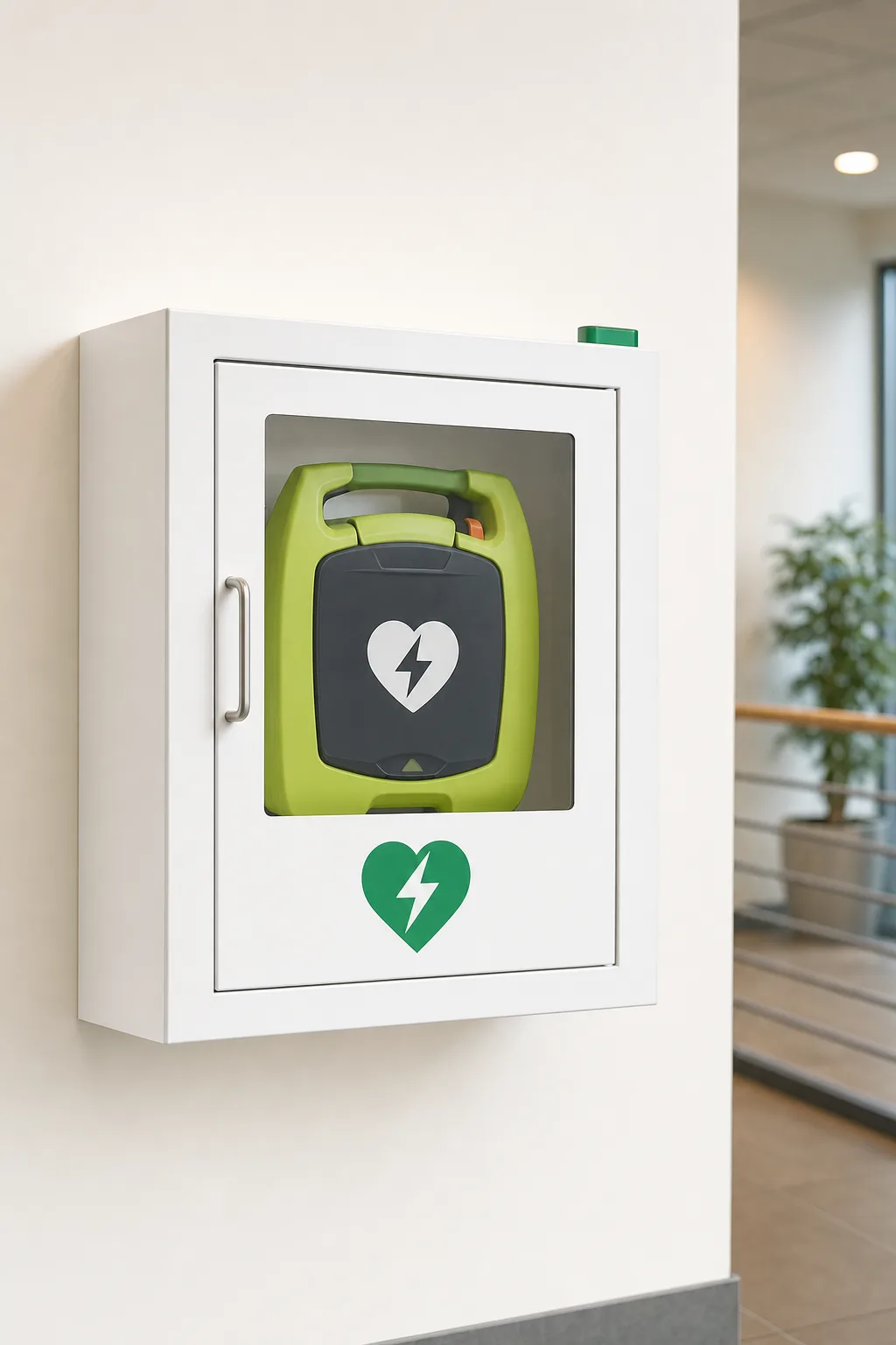 Öffentlicher AED-Defibrillator im weißen Wandkasten als Symbolbild für das Defibrillator-Projekt von Edeka.