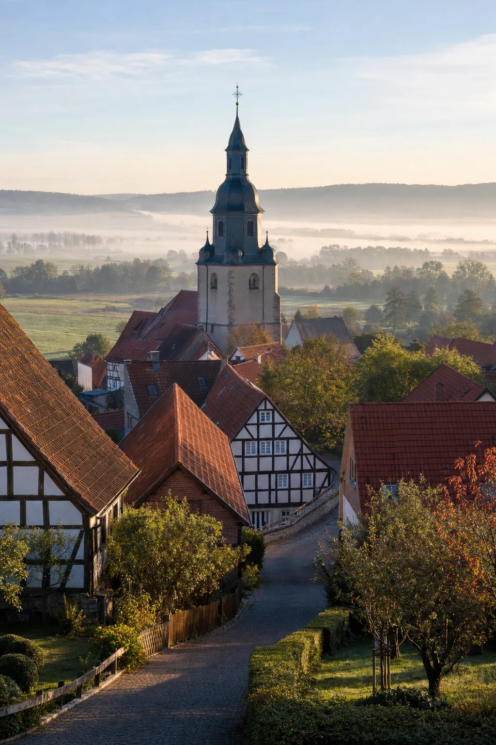 Kleines Dorf mit Fachwerkhäusern und Kirchturm als Symbolbild für den Lessener Dorfverein e.V.