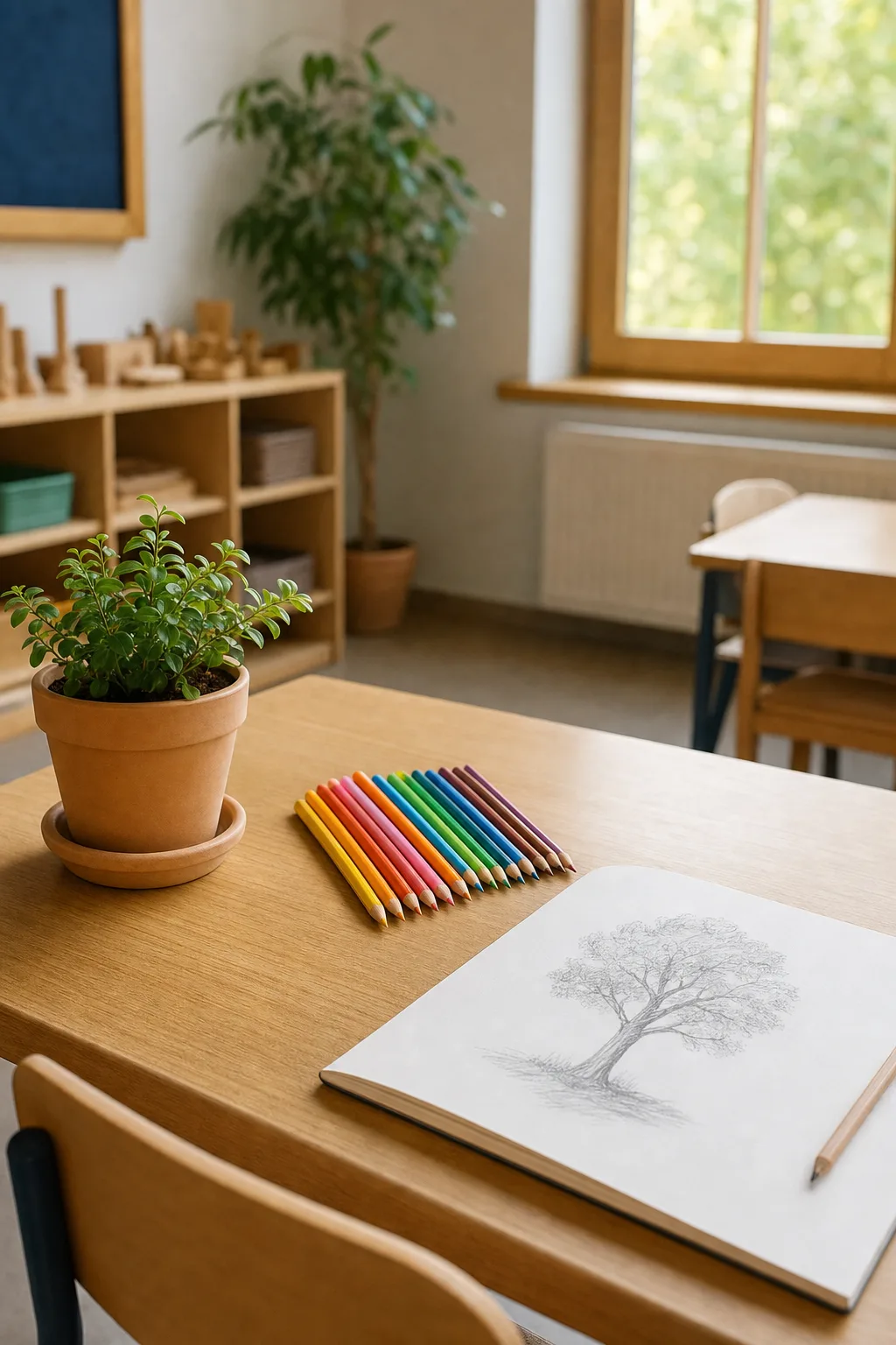 Schul-Tisch mit Pflanze, Buntstiften und Baum-Skizze als Symbolbild für das Schulprojekt Nacht der Ideen in Gera.