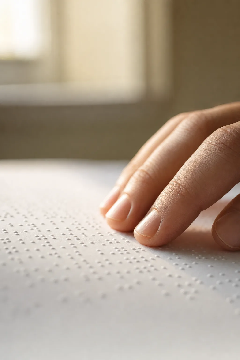 Fingerspitzen tasten Braille-Punkte auf Papier als Symbolbild für ein Projekt für Menschen mit Sehschwäche.