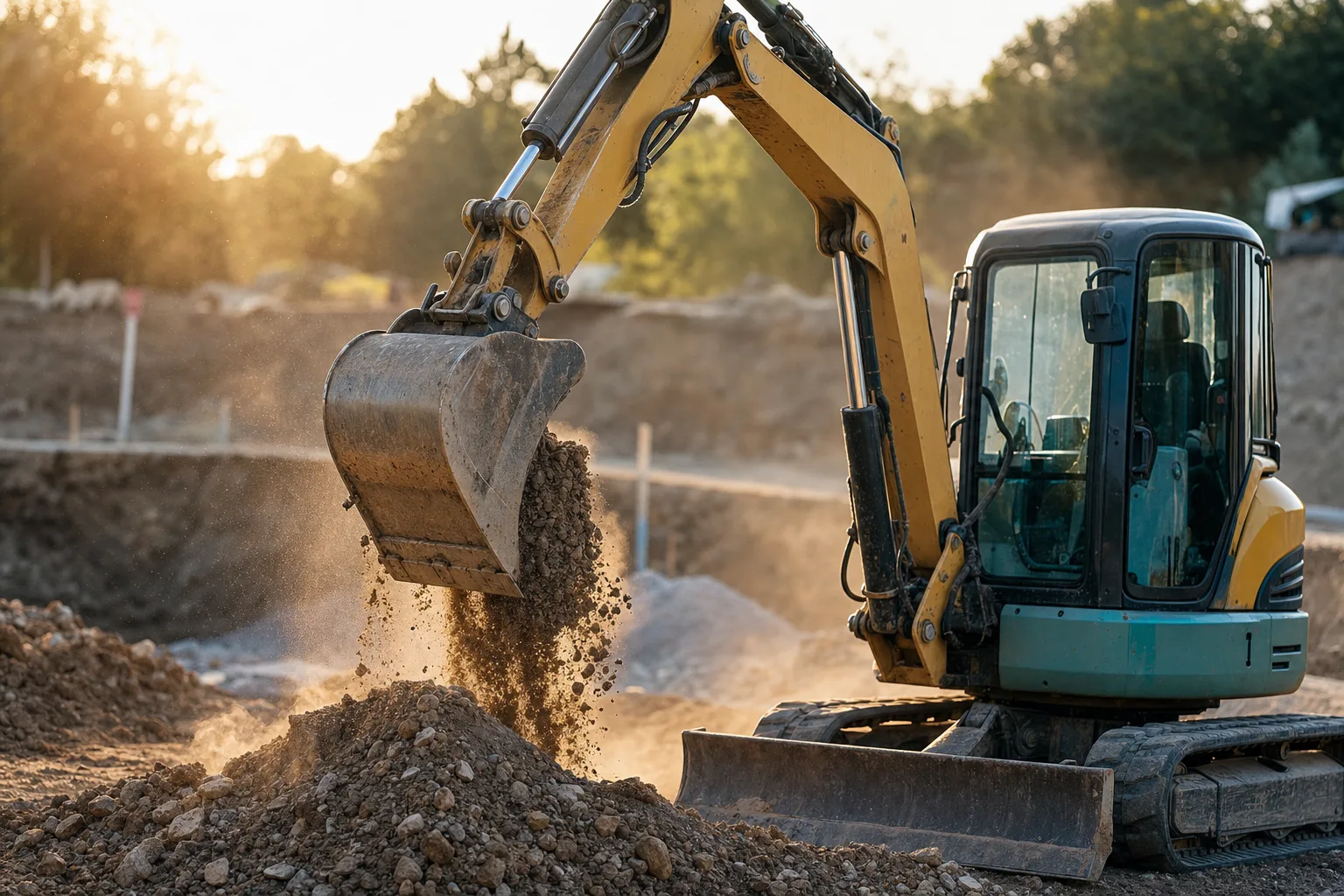 Minibagger hebt Erde auf einer Tiefbaustelle im Nachmittagslicht.